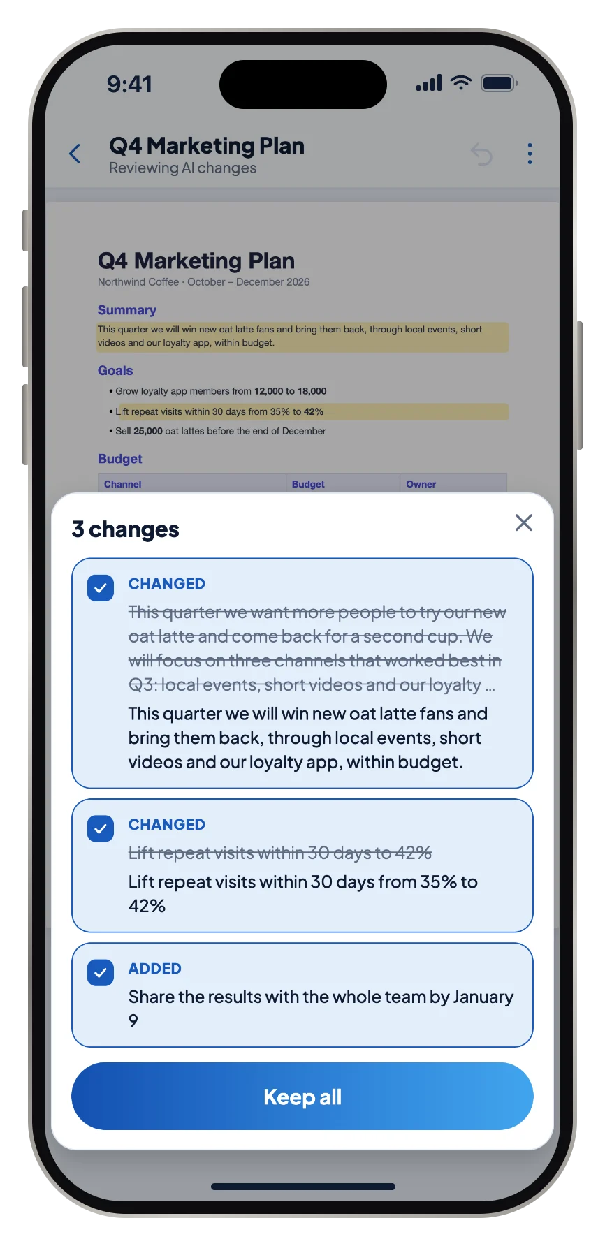 A list of the AI's changes, each with a checkbox, and Keep all