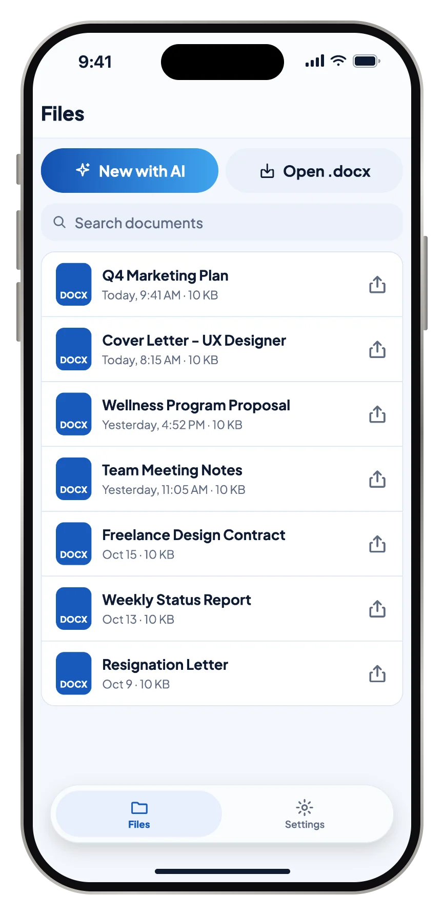 A list of documents on the device, with New with AI and Open .docx