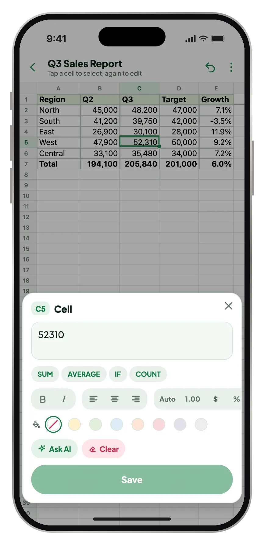 Editing a cell, with formula shortcuts, bold, italic, alignment, number formats and fill colours