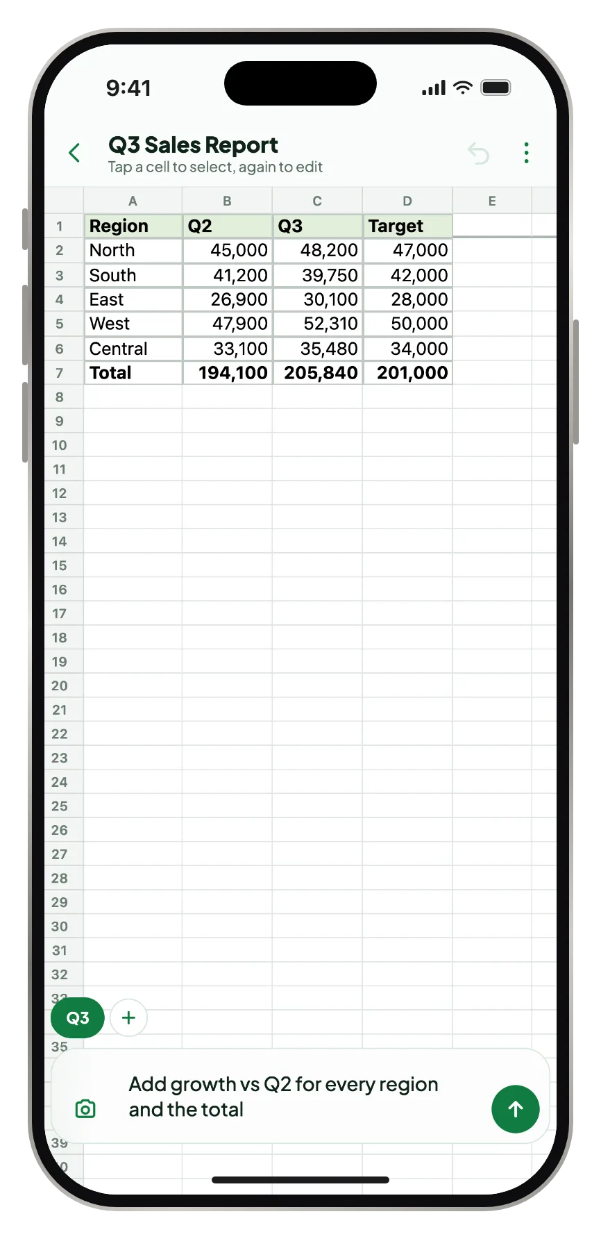 A sales report open in AI Sheet with a prompt asking to add growth for every region