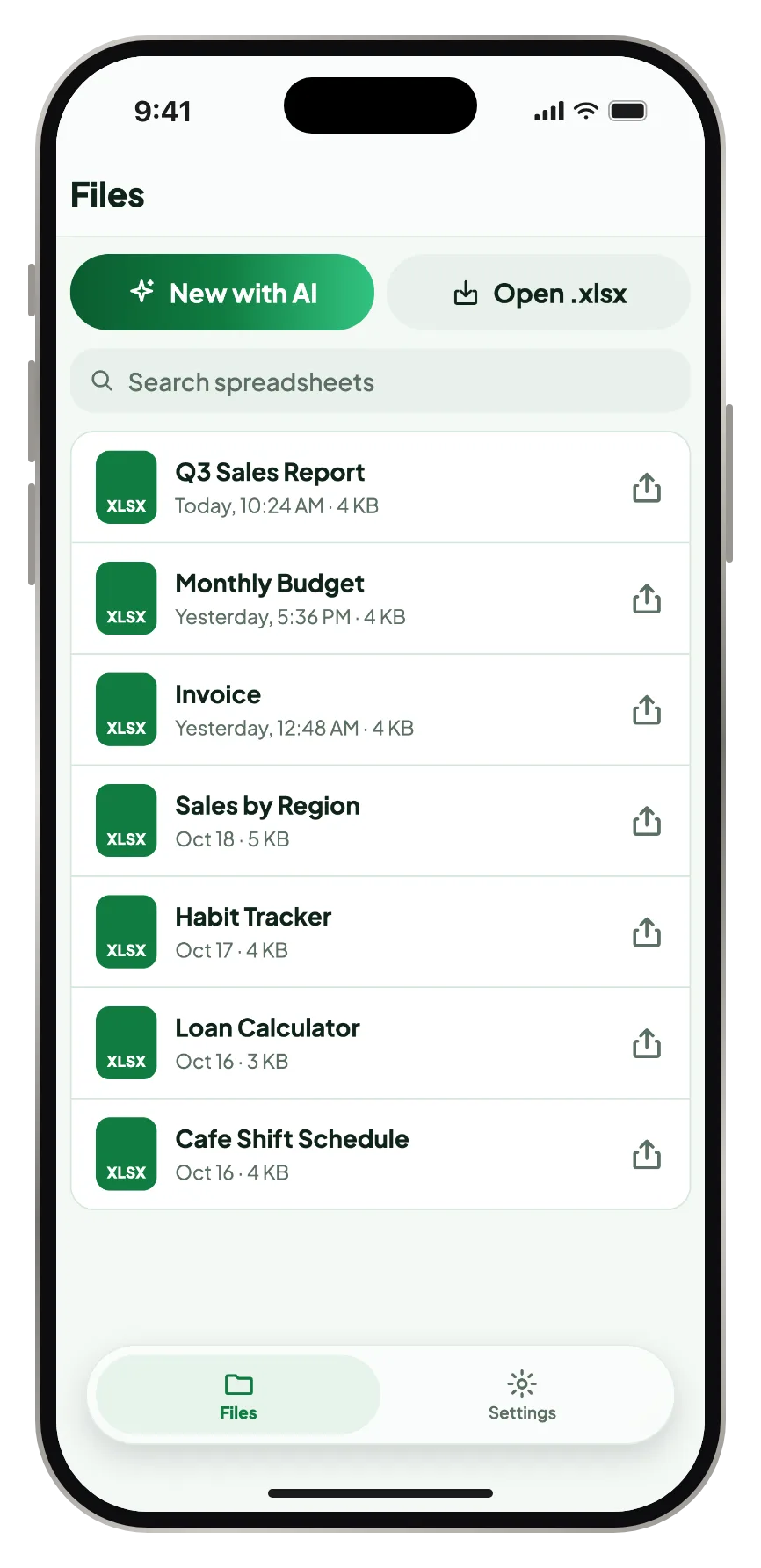 A list of spreadsheets on the device, with New with AI and Open .xlsx