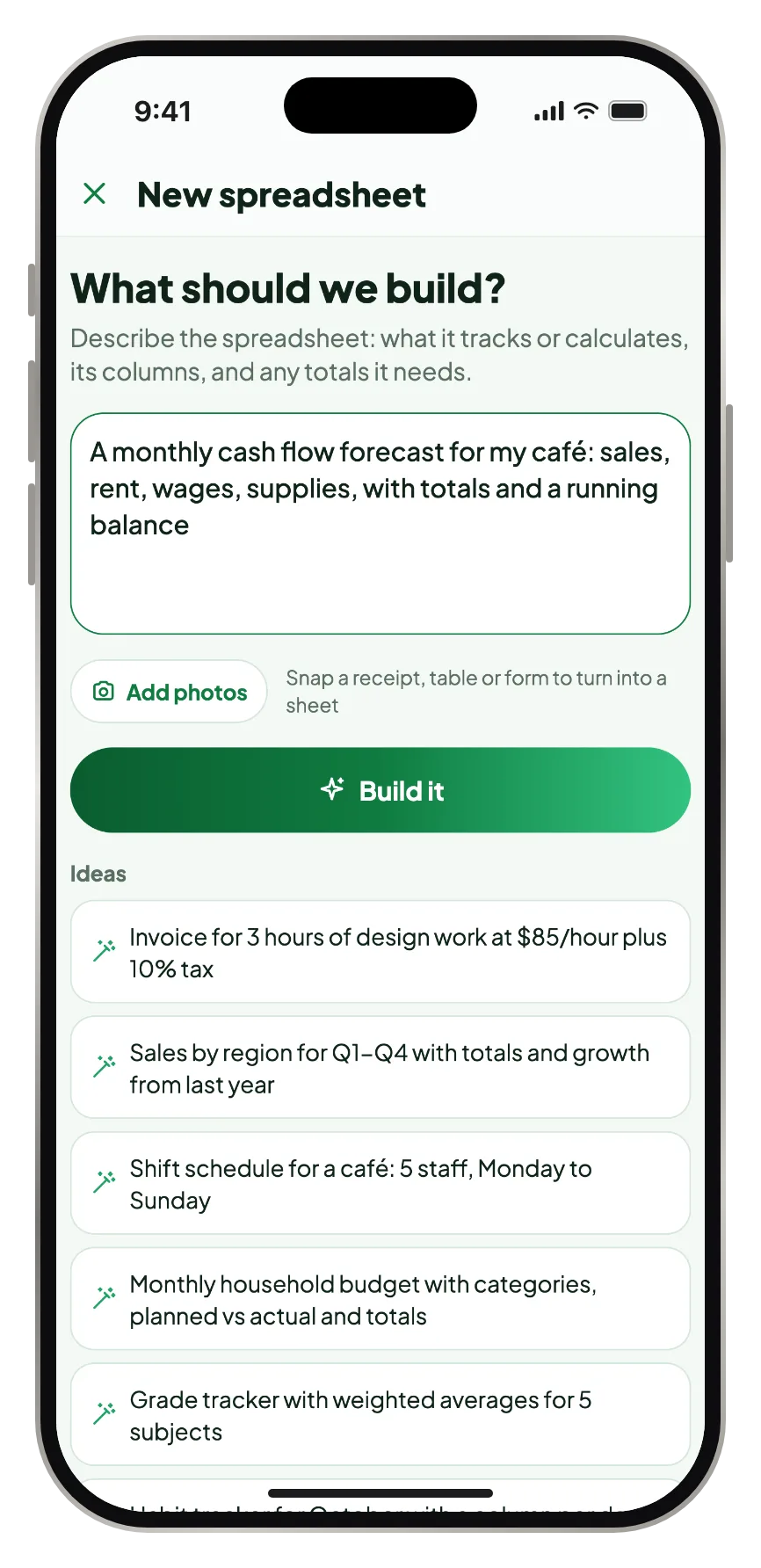 Describing a new spreadsheet, with photos and ideas to start from