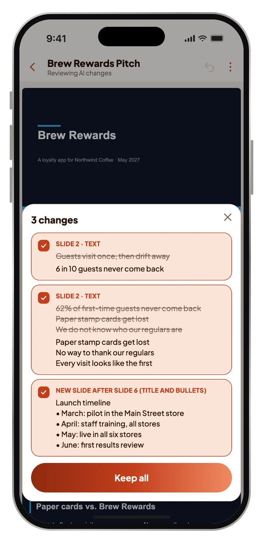 A list of the AI's changes, each with a checkbox, and Keep all