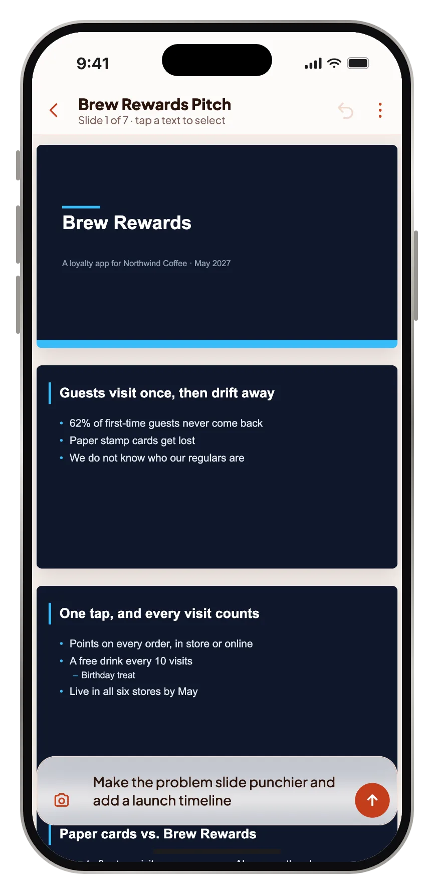 The Brew Rewards pitch deck open in AI Slide with a prompt asking to make the problem slide punchier and add a launch timeline