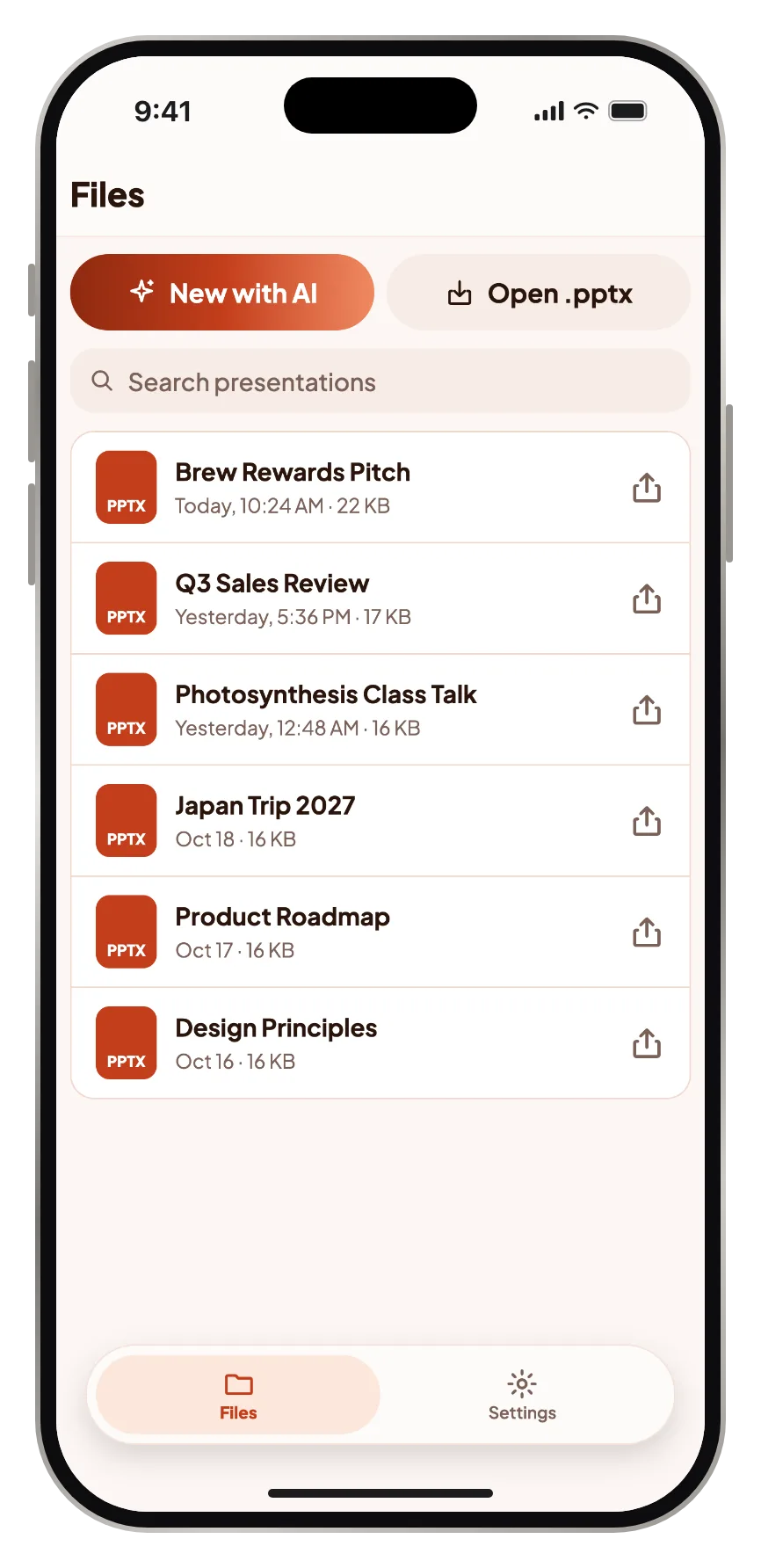 A list of presentations on the device, with New with AI and Open .pptx