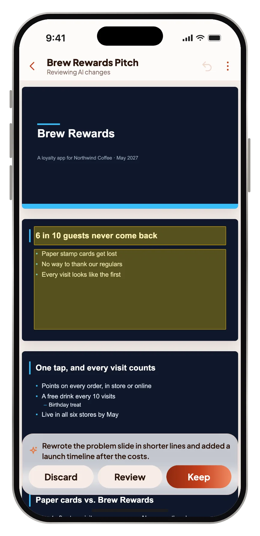 A rewritten slide highlighted by AI, with Discard, Review and Keep