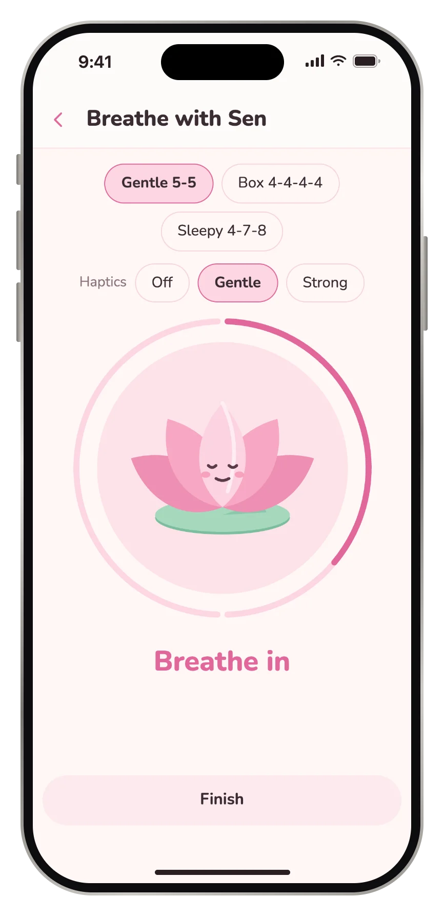 Breathing exercise with a lotus that opens and closes
